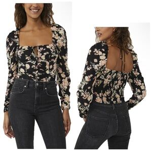 Free People Hilary Printed Crop Top Black Floral Combo Long Sleeve XS